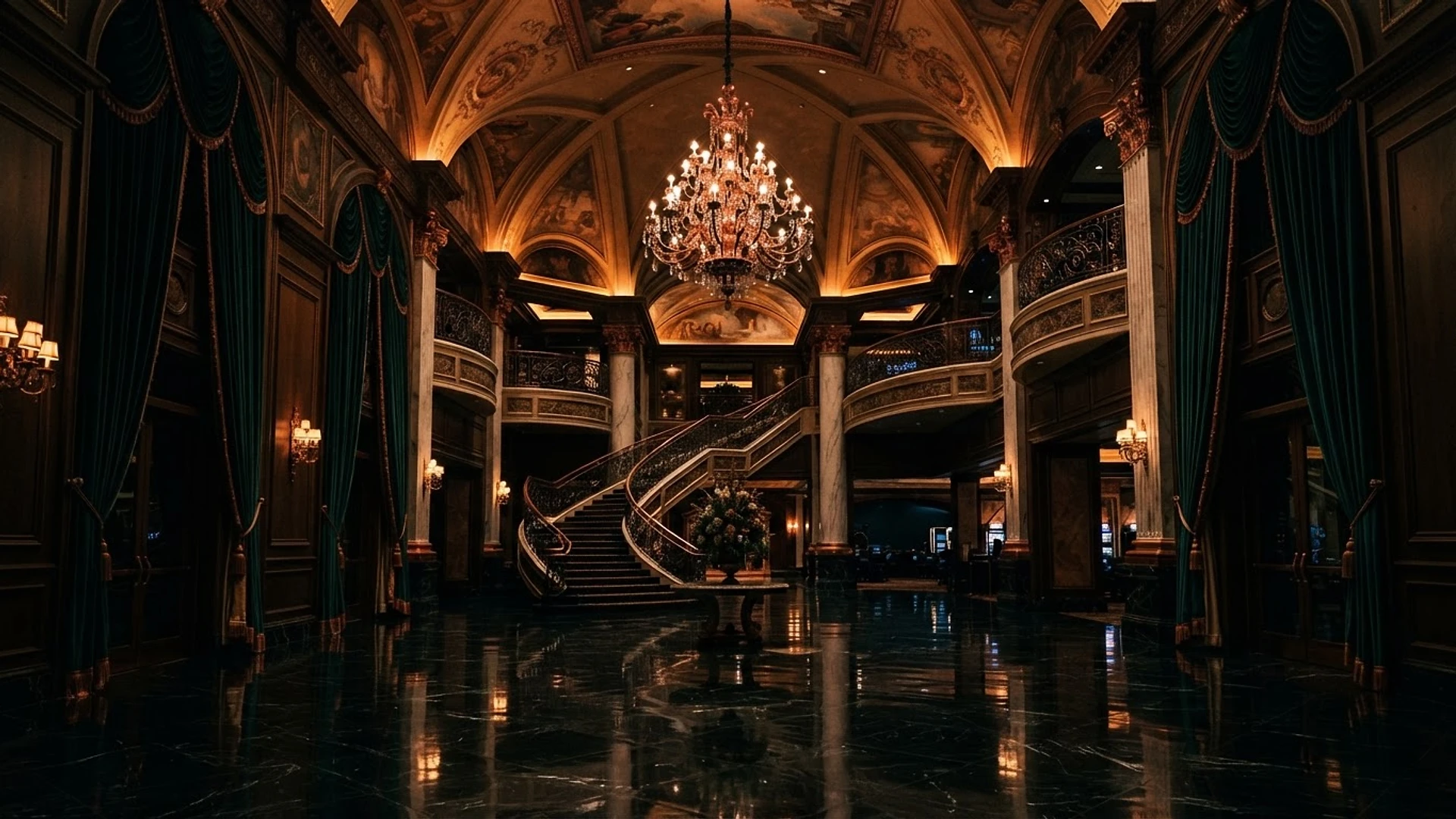 The grand casino hotel lobby atrium of Solnexalsan Hotel at night